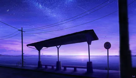 Starlit Bus Stop at Twilight Overlooking Water - free art & design wallpaper 5497×3145