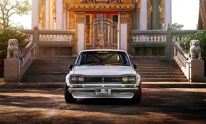 White Nissan Skyline GT-R Parked Before Thai Temple - free wallpaper 2040×1230