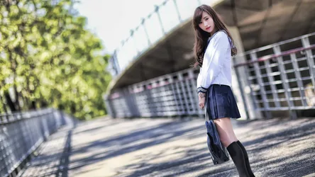 Student Girl in School Uniform on Urban Bridge - free people & portraits wallpaper 5760×3240