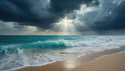 Dramatic Stormy Beach With Turquoise Waves and Crepuscular Rays - free landscapes wallpaper 3840×2194