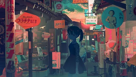 Anime Girl in Neon-Lit Asian Street Market - free anime wallpaper 3500×1969