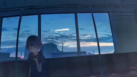 Anime Girl Gazing at Sunset Through Large Windows - free anime wallpaper 3840×2160