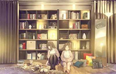 Two Girls Reading in Library Room with Bookshelves - free anime wallpaper 1920×1227