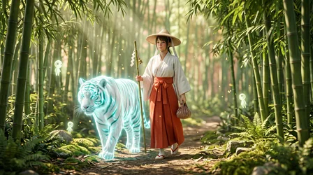 Woman With Glowing Tiger in Bamboo Forest - free wallpaper 4562×2546
