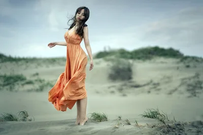 Woman in Orange Dress on Sandy Beach Dunes - free people & portraits wallpaper 2400×1600