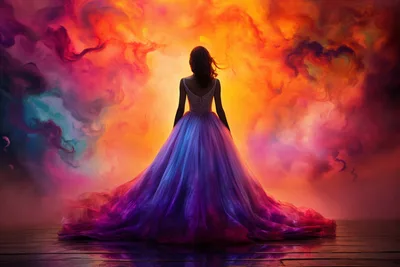 Woman in Purple Gown Against Fiery Colorful Clouds - free wallpaper 3000×2000