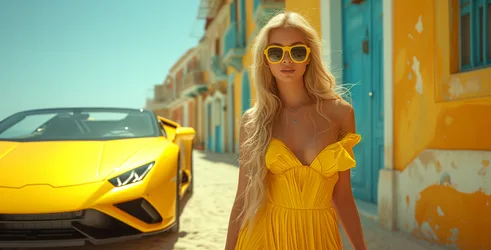 Blonde Woman in Yellow Dress with Sports Car - free people & portraits wallpaper 8792×4479