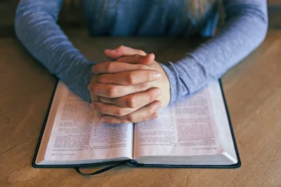 Child's Hands Folded Over Open Bible - free photography wallpaper 5472×3648
