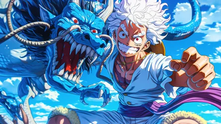 Anime Character with Blue Dragon Companion in Sky - free anime wallpaper 5120×2880