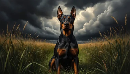 Doberman Pinscher Standing in Grain Field Under Storm Clouds - free animals wallpaper 3840×2194