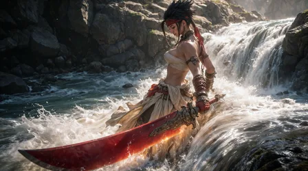 Warrior Woman with Glowing Sword in Waterfall - free wallpaper 3840×2143