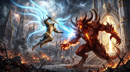 Divine Warrior Battles Infernal Demon in Gothic Cathedral - free gaming wallpaper 2752×1536