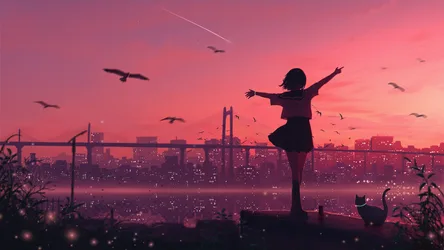 Silhouetted Girl with Arms Raised Over Sunset City - free cartoons & comics wallpaper 3840×2160
