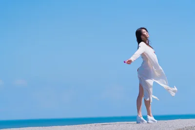 Woman in White on Beach Against Blue Sky and Ocean - free wallpaper 2048×1366