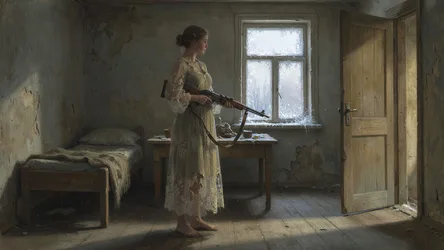 Woman With Rifle Standing In Sparse Bedroom - free art & design wallpaper 4800×2700