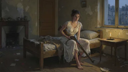 Woman With Rifle In Abandoned Bedroom - free art & design wallpaper 4800×2700