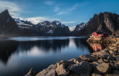 Red Cabin by Mountain Lake at Dusk - free landscapes wallpaper 6144×3919