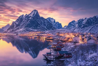 Arctic Village at Twilight with Snow-Capped Mountains - free landscapes wallpaper 6144×4177