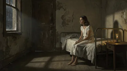Woman in White Dress Sitting on Iron Bed in Decaying Room - free wallpaper 4096×2304