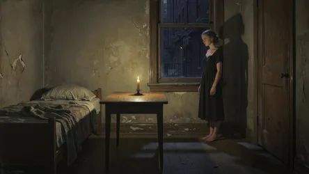 Woman in Dark Dress Gazing from Candlelit Room Window - free wallpaper 4096×2304