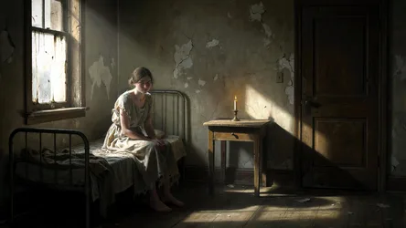 Woman Sitting on Bed in Abandoned Room with Sunlight - free retro & vintage wallpaper 3840×2160