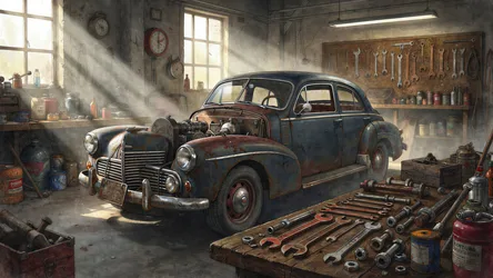Vintage Cars in Rustic Mechanic's Garage - free wallpaper 4096×2304