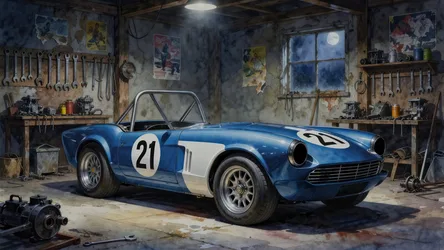 Classic Blue Racing Car in Vintage Garage Workshop - free wallpaper 4096×2304