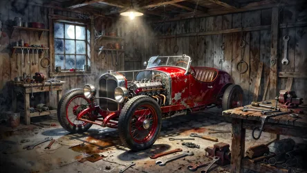 Vintage Red Roadster In Rustic Workshop Garage - free cars & vehicles wallpaper 4096×2304