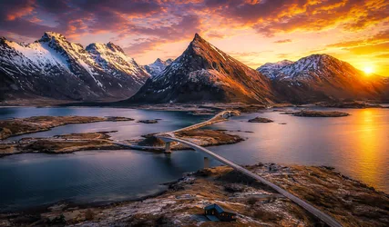 Arctic Sunset Over Snowy Mountains and Bridge - free wallpaper 6144×3593