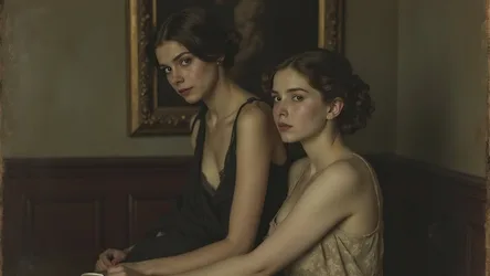 Two Women in Period Dress in Dimly Lit Interior - free art & design wallpaper 4096×2304