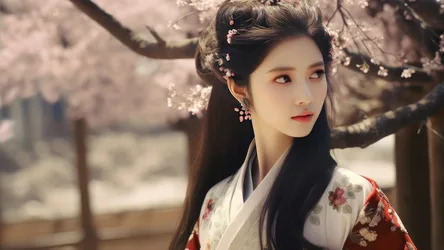 Woman in Traditional Asian Dress Among Blooming Cherry Blossoms - free people & portraits wallpaper 3840×2160