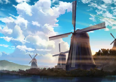 Dutch Windmills by Water Under Cloudy Sky - free photography wallpaper 3508×2480