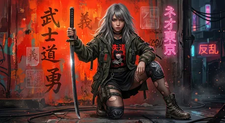 Cyberpunk Warrior Woman With Katana in Neon City - free people & portraits wallpaper 2816×1536
