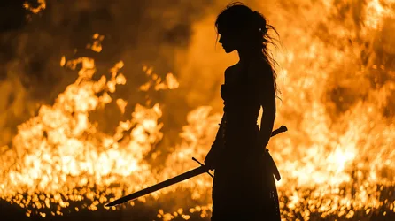 Silhouetted Warrior Woman with Sword Against Flames - free people & portraits wallpaper 5824×3264