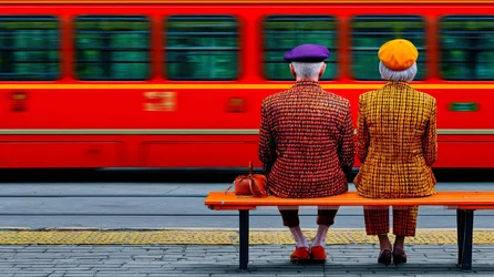 Two Elderly Women Waiting at Red Bus Stop - free photography wallpaper 2912×1632
