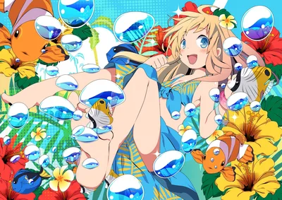 Barefoot Blonde in Blue Bubbles with Fish - free animals wallpaper 2008×1420