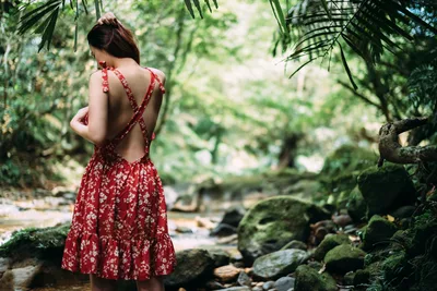 Woman in Red Dress by Forest Stream - free people & portraits wallpaper 2000×1333
