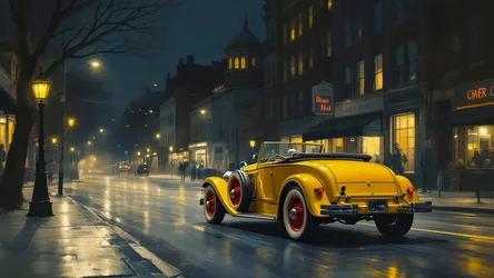 Yellow Classic Convertible on Wet Evening City Street - free cars & vehicles wallpaper 4096×2304