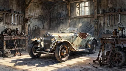 Vintage Roadster in Weathered Industrial Garage Workshop - free cars & vehicles wallpaper 4096×2304