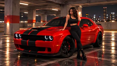 Woman Posing With Red Muscle Car in Parking Garage - free wallpaper 8360×4705