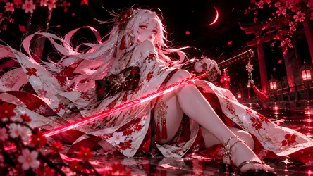 Anime Girl With Glowing Sword in Red Moonlit Garden - free anime wallpaper 8360×4705