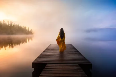 Woman in Yellow Dress on Wooden Dock at Misty Lake Dawn - free people & portraits wallpaper 2000×1333