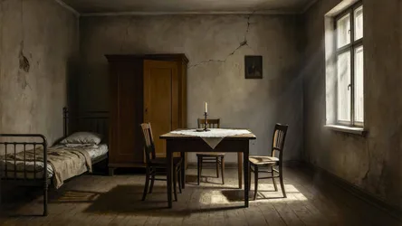 Sparse Institutional Room with Bed, Table, and Candlelight - free retro & vintage wallpaper 4095×2304