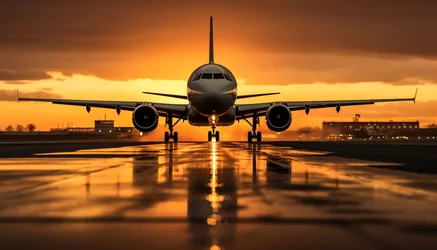 Commercial Airplane on Wet Runway at Golden Sunset - free wallpaper 6067×3467