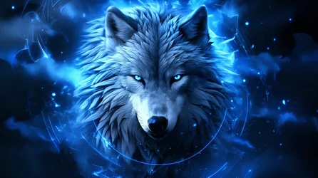 Electric Blue Wolf with Glowing Eyes in Digital Art - free wallpaper 2568×1440