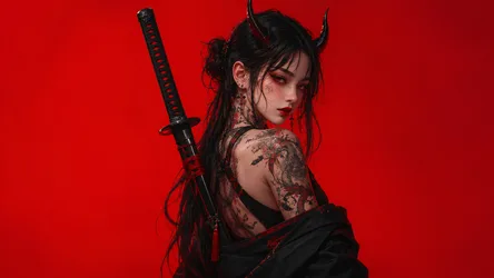 Demon Woman With Katana Against Red Background - free anime wallpaper 8360×4705