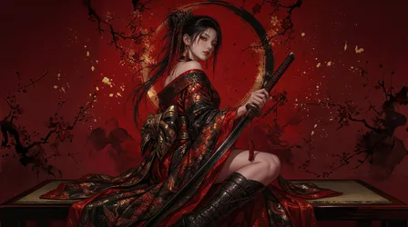 Warrior Woman With Katana In Red Oriental Setting - free wallpaper 5504×3072