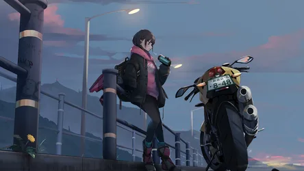 Anime Girl With Motorcycle at Dusk - free anime wallpaper 3840×2160