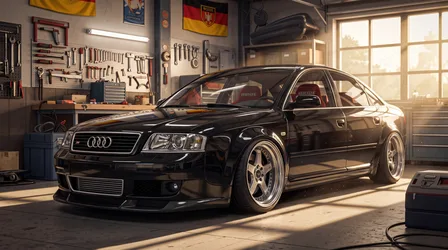 Black Audi Performance Car in Modern Garage Workshop - free wallpaper 5504×3072