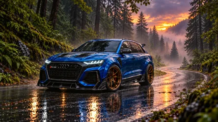 Blue Audi RS Q8 on Wet Forest Road at Sunset - free cars & vehicles wallpaper 8360×4705